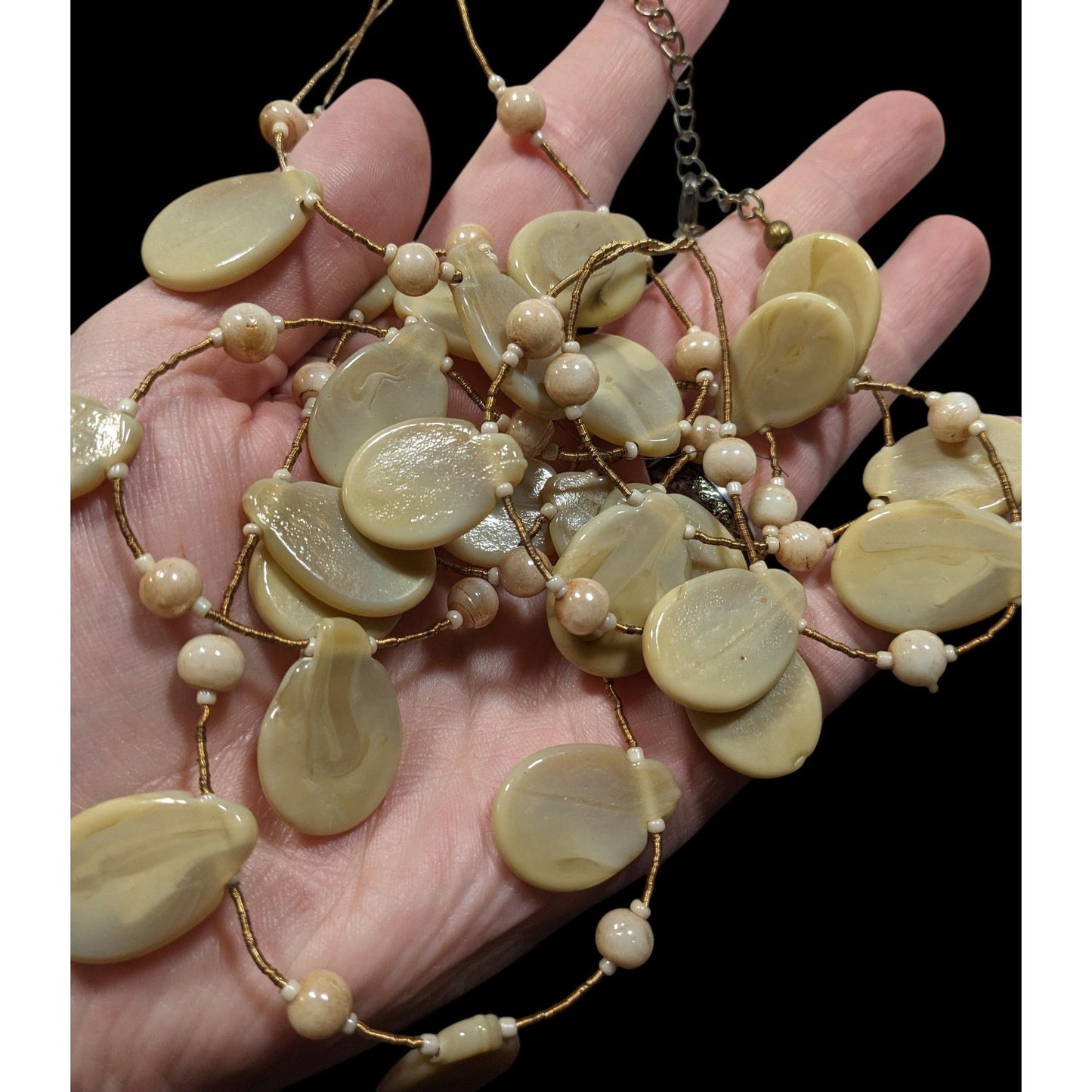 Vintage Beige Glass Flat Teardrop Layered Necklace