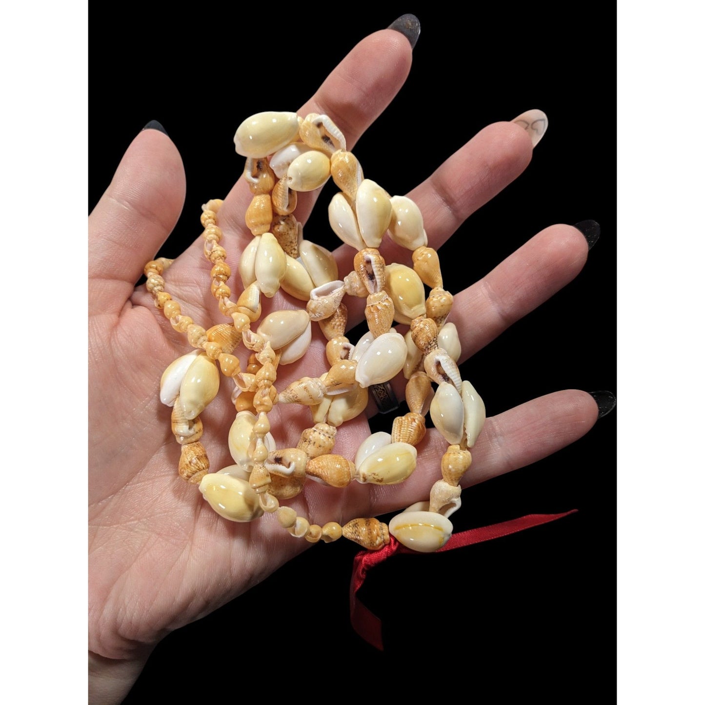 Summery Genuine Seashell Beaded Necklace With Red Ribbon Accent