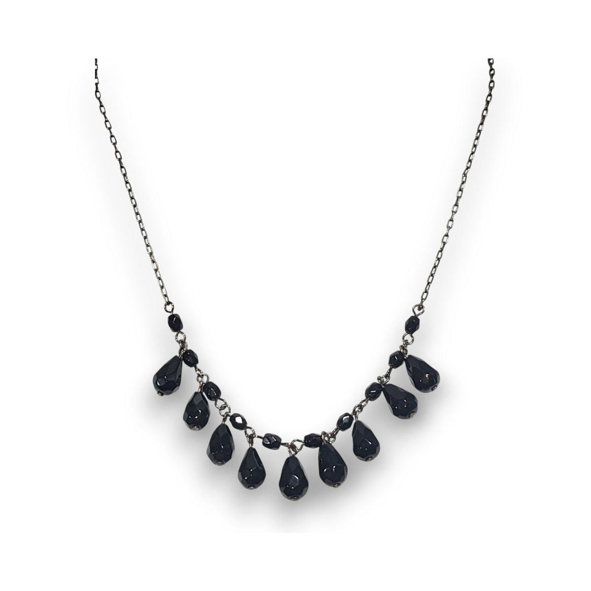 Gothic Glam Glass Black Teardrop Fringe Necklace 15 Inch