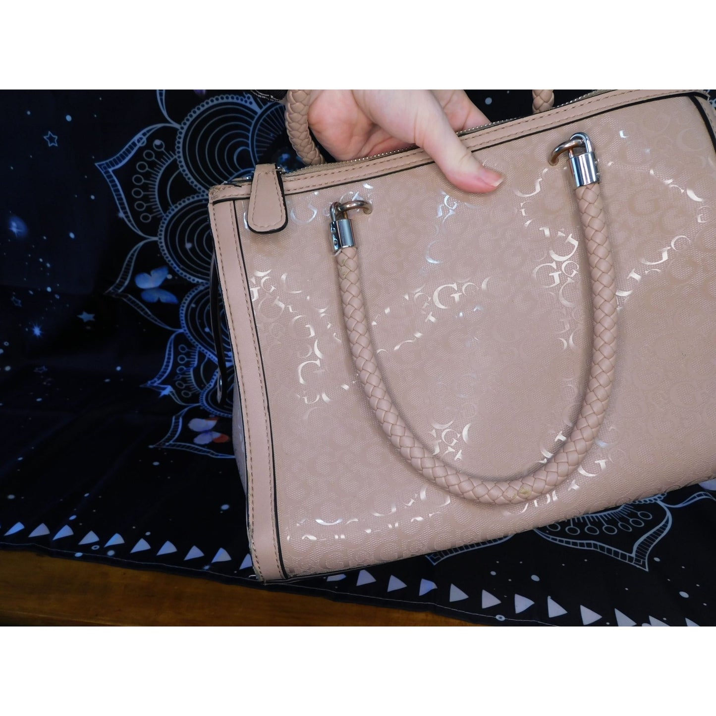 Guess Pink Beige Monogram Handbag With Braided Handles