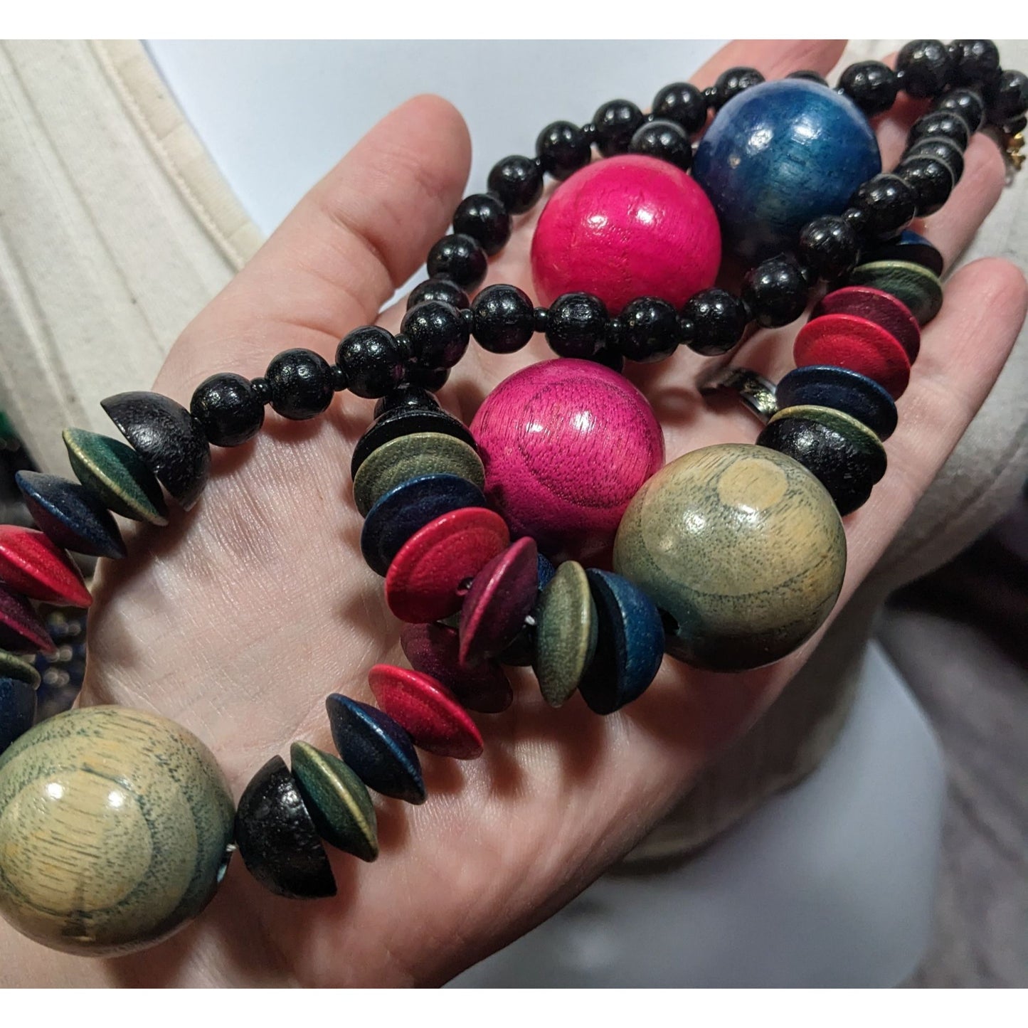 Vintage Rainbow Stained Wood Beaded Necklace