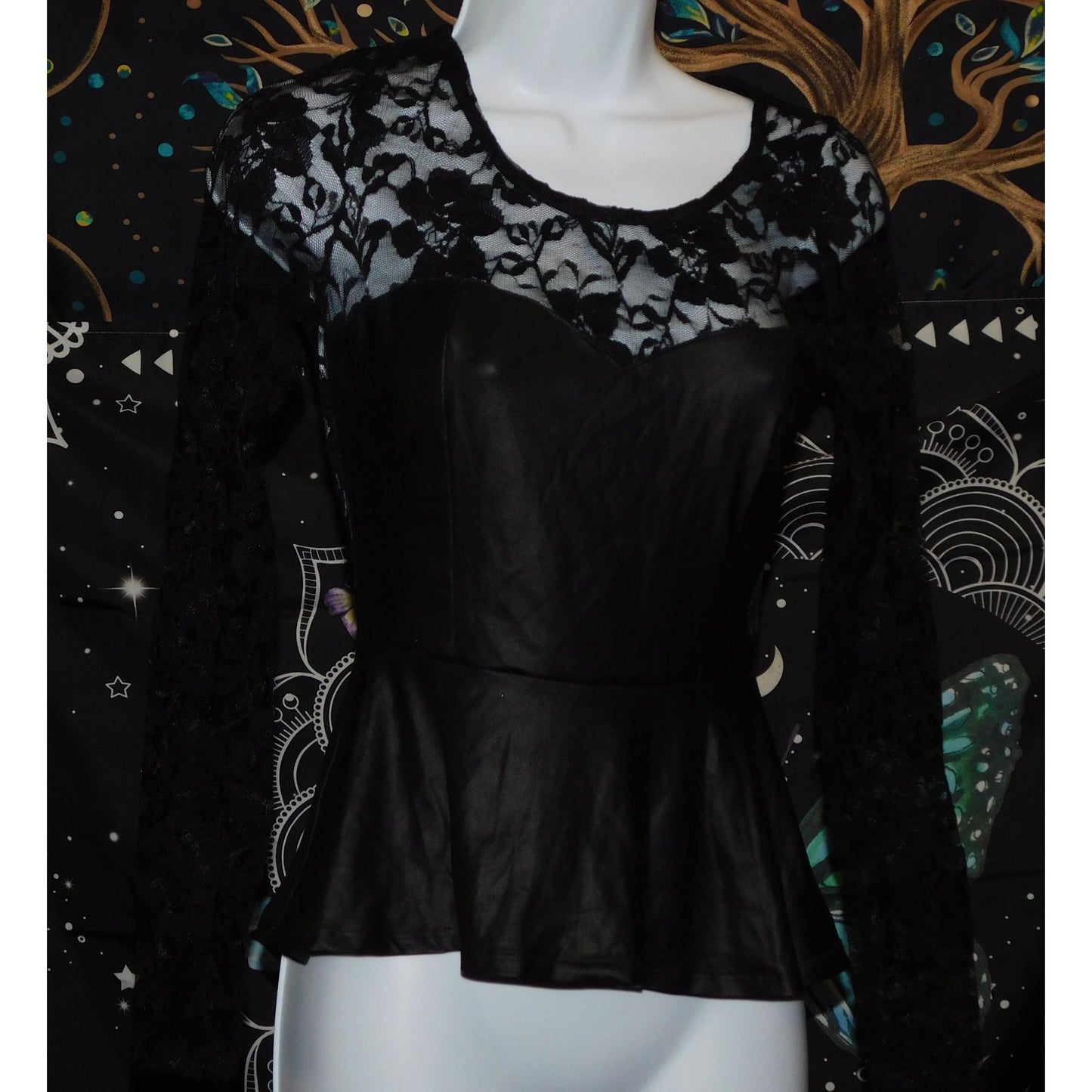 Gothic Faux Leather And Lace Black Peplum Top