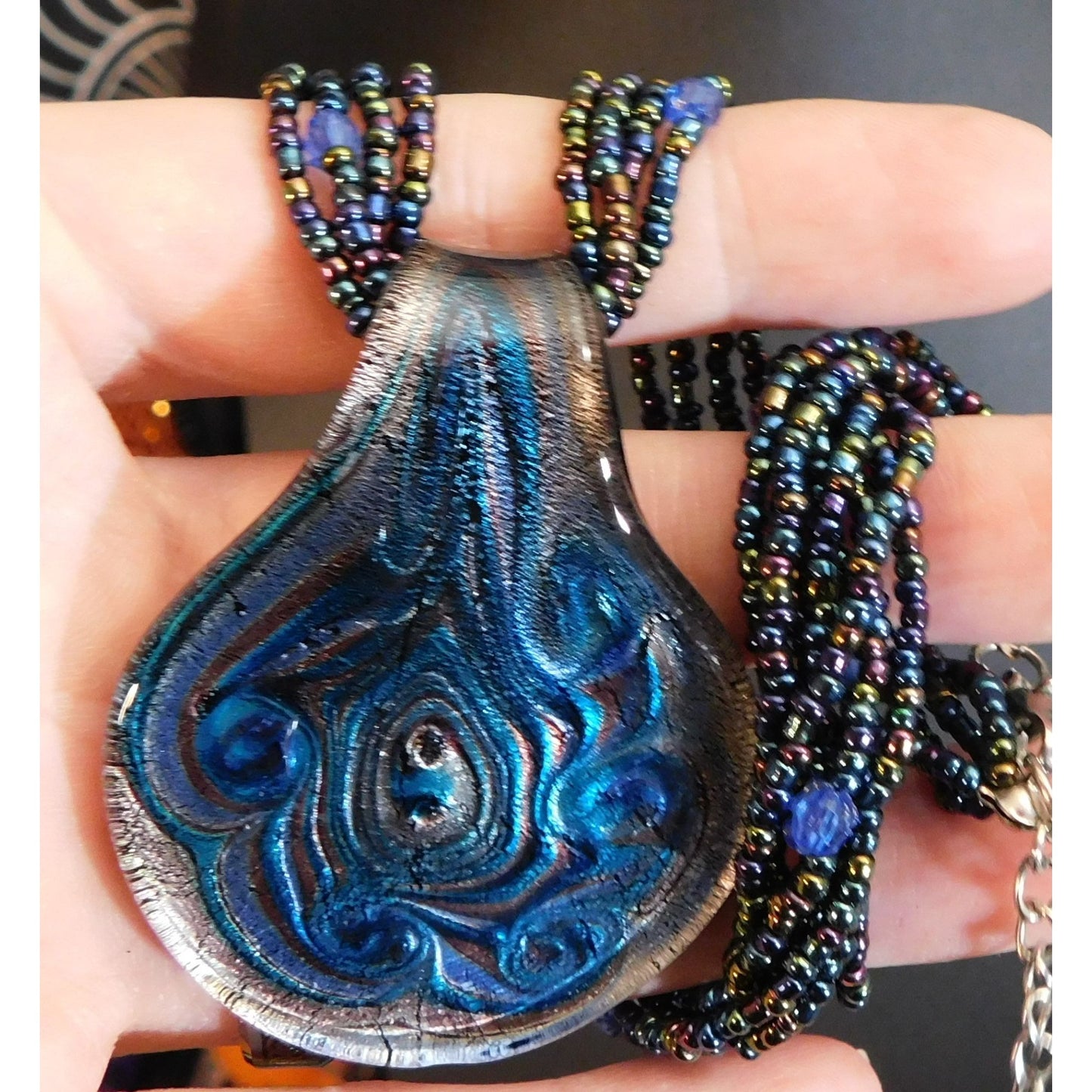 Mermaidcore Swirly Blue Glass Pendant Necklace With Oil Slick Beads