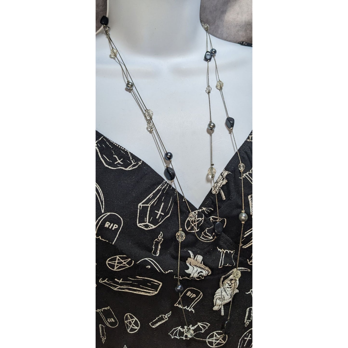 Goth Black Silver Beaded Long Station Necklace Layering Witchy Y2K
