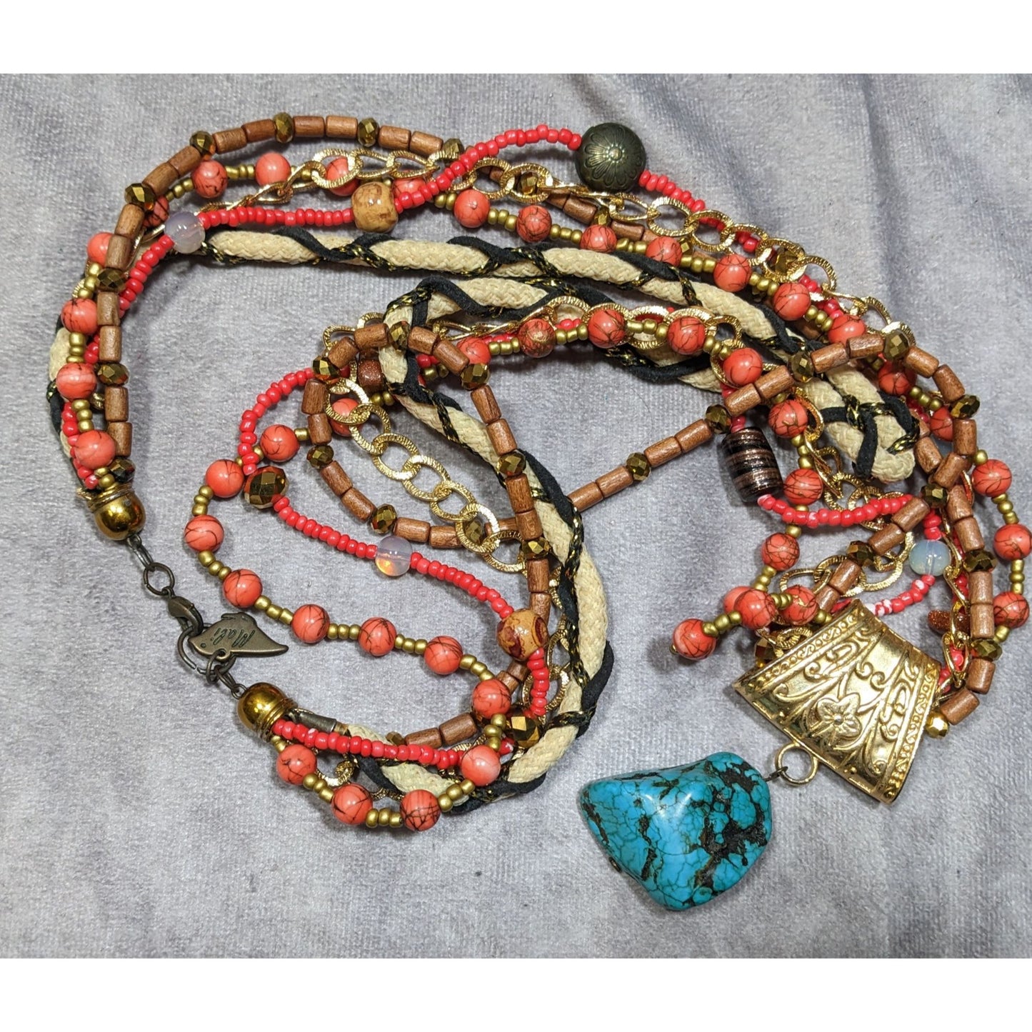 Mali Bohemian Layered Glass Stone And Wood Necklace