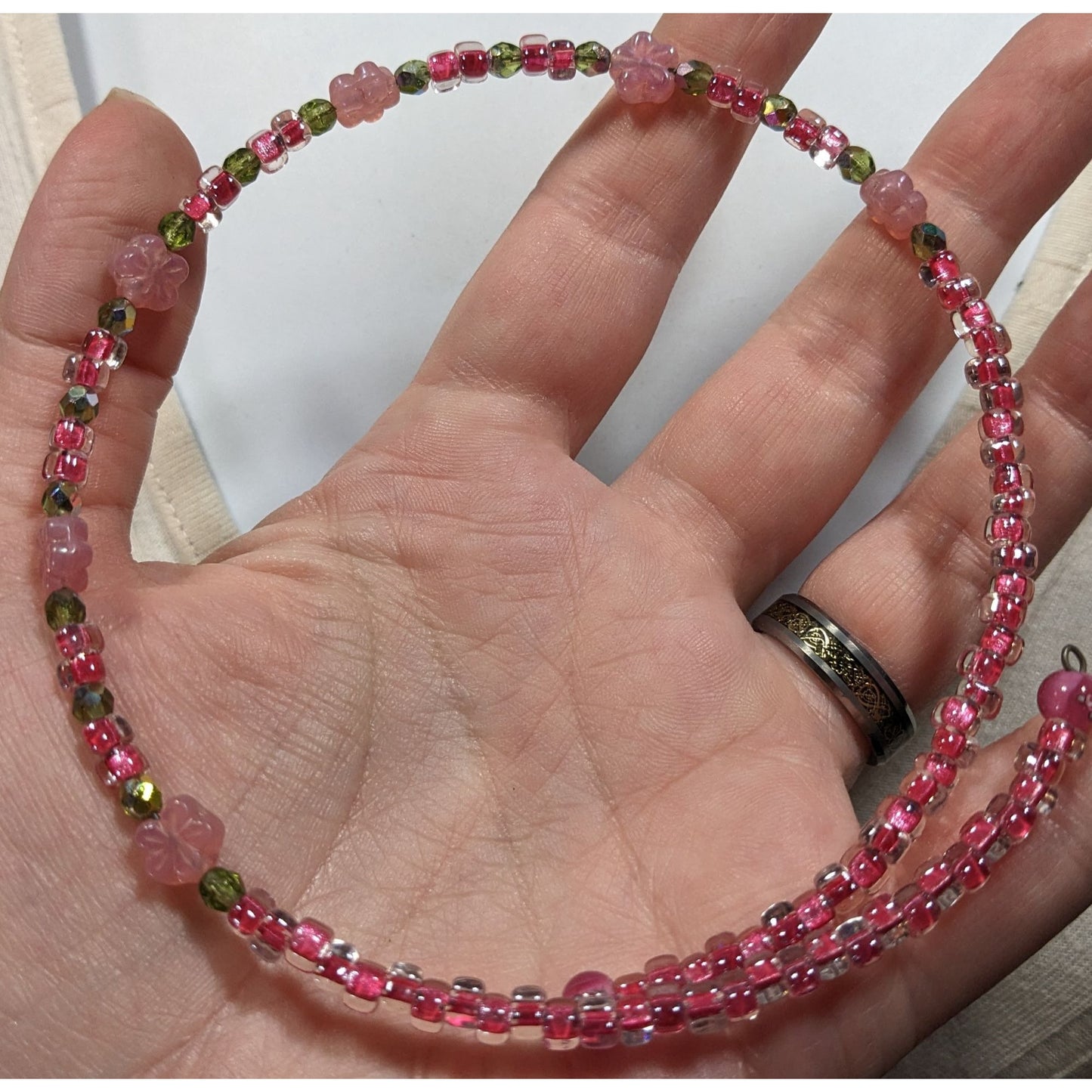 Fairycore Coquette Pink And Green Floral Handmade Glass Coil Necklace