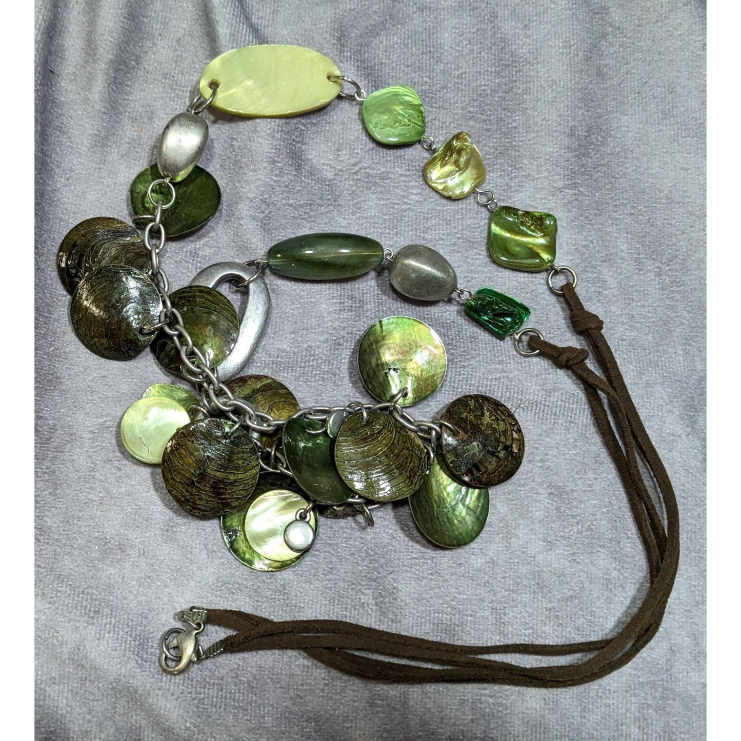 Bohemian Green Shell And Metal Beaded Necklace On Brown Suede Cord