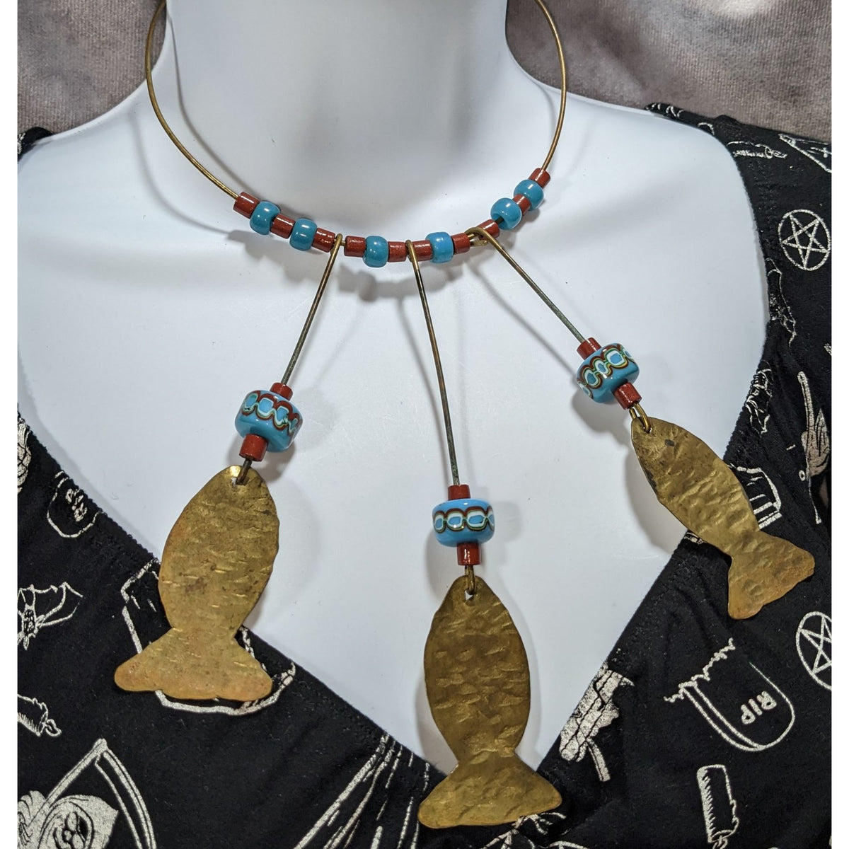 Vintage Boho Glass Turquoise Red Brass Fish Charm Necklace 17 Inch