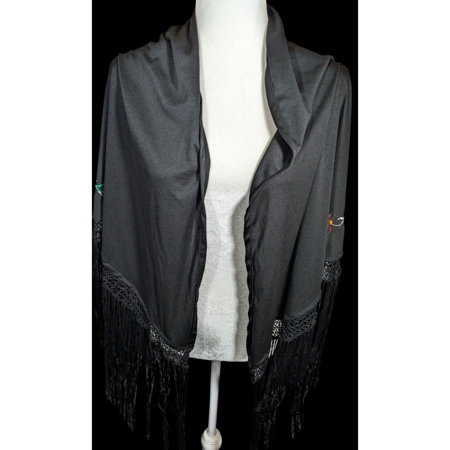 Vintage Floral Hand Embroidered Triangle Scarf With Fringe