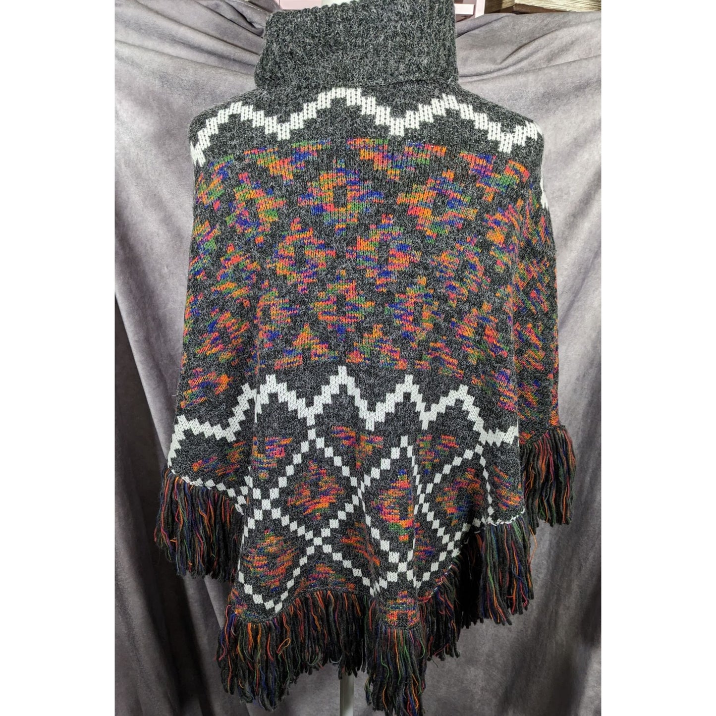 Modena Grey And Rainbow Geometric Cowl Neck Fringe Poncho