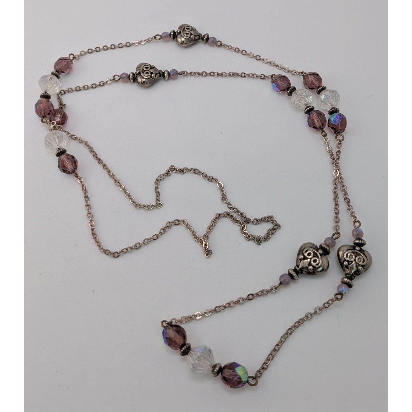 Long Purple Crystal Beaded Station Necklace Silver Heart Accents Vintage Style