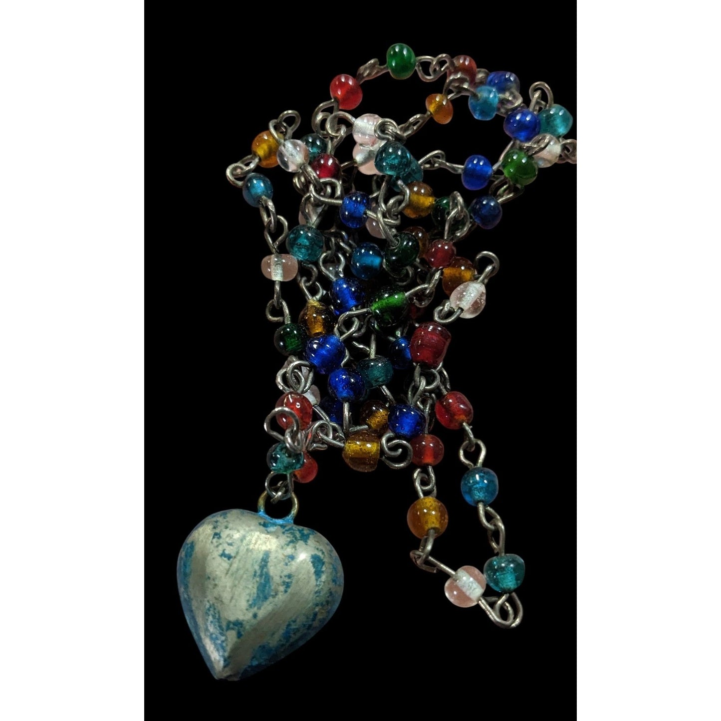 Rustic Romantic Rainbow Glass Beaded Necklace With Distressed Puffed Heart Pendant