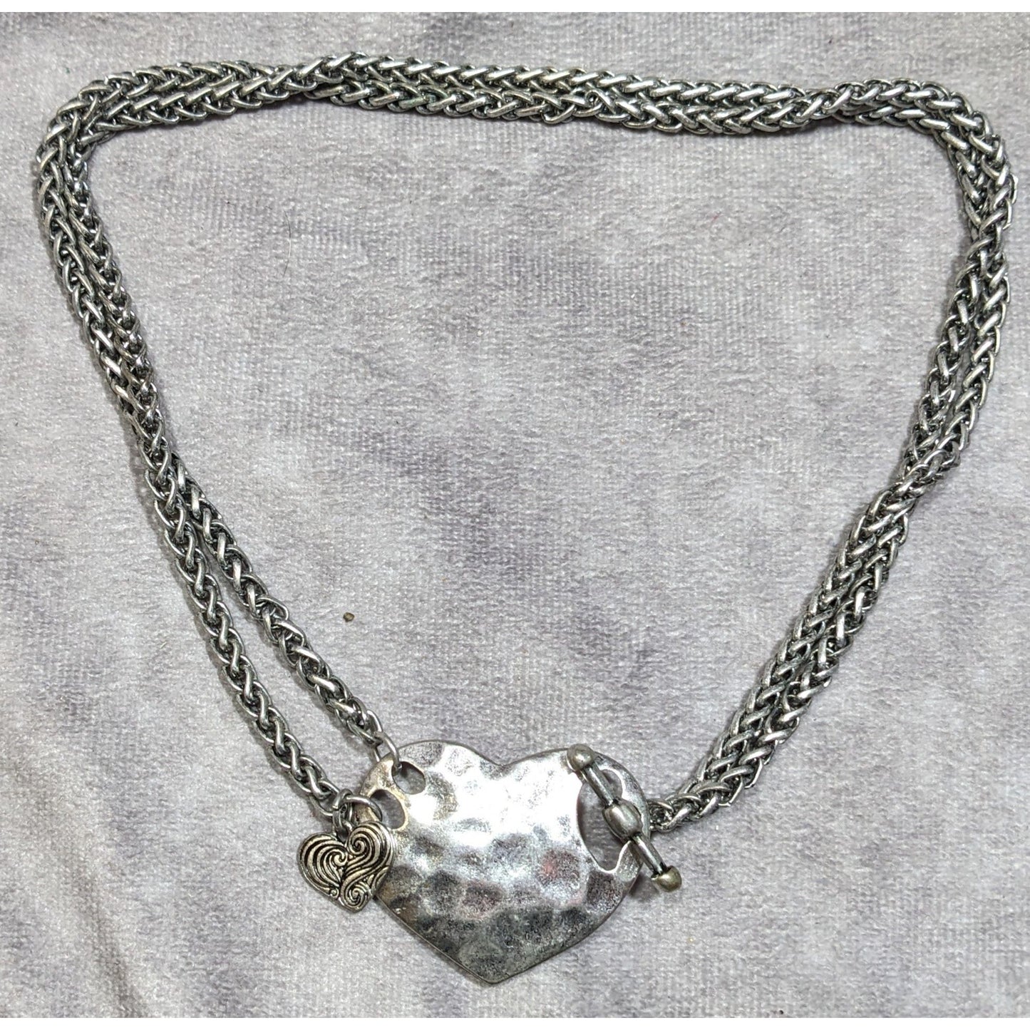 Hammered Love Themed Silver Tone Heart Pendant Toggle Necklace