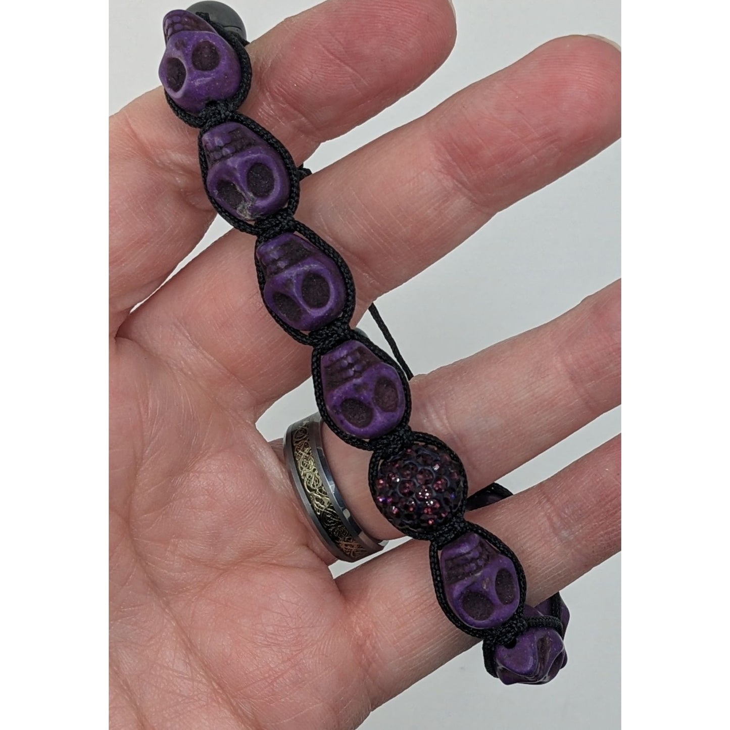 Gothic Purple Skull Bead Bracelet Hematite & Sparkle Accent