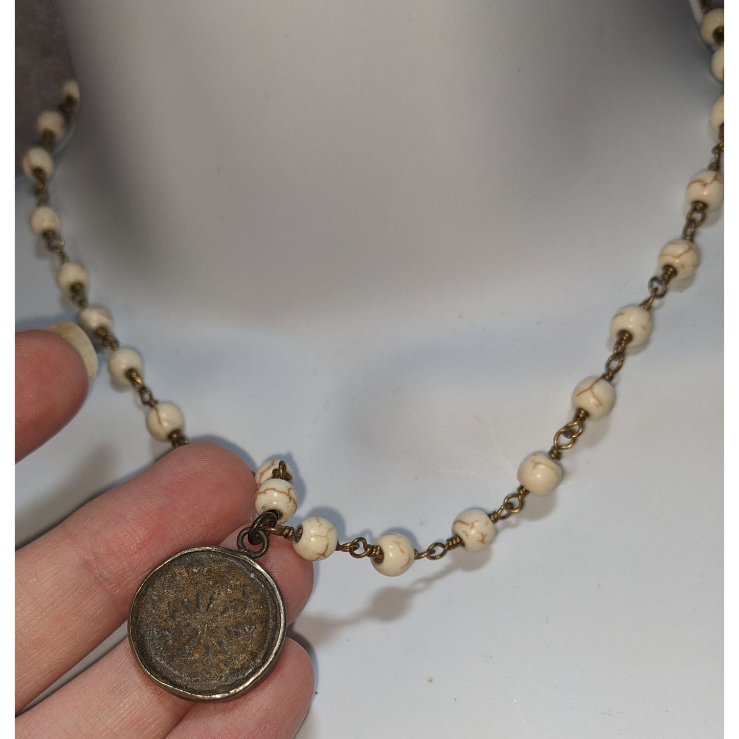 Roman Coin Pendant Necklace Cream Howlite Beaded Antique Bronze Medallion Boho Vintage