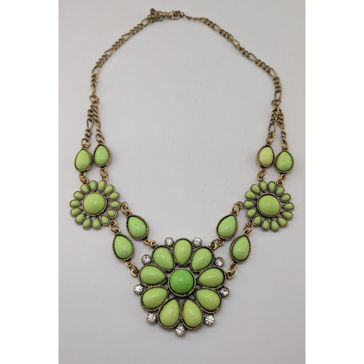 Boho Floral Lime Green Rhinestone Antique Gold Tone Statement Necklace 16 Inch