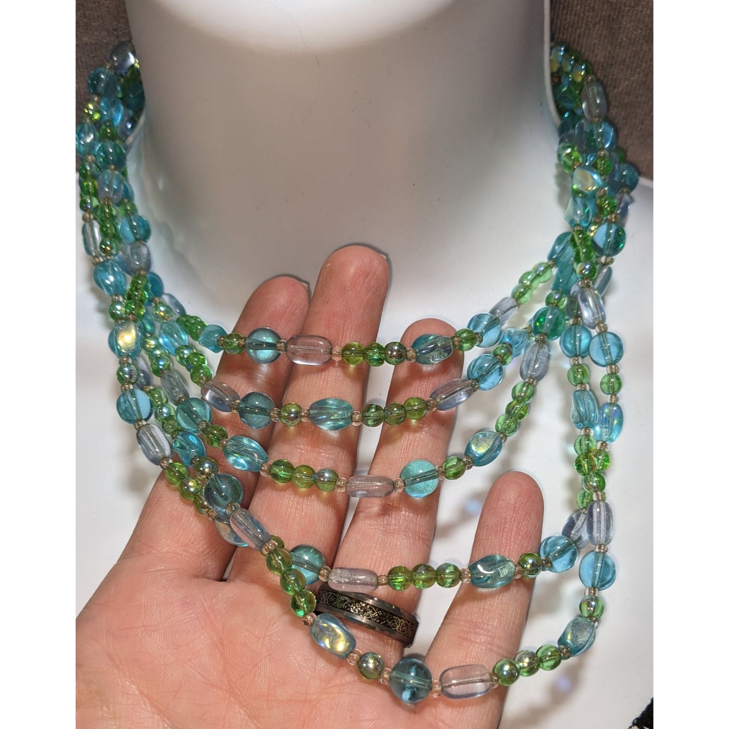 Givenchy Multi-Strand Green & Blue Glass Bead Necklace