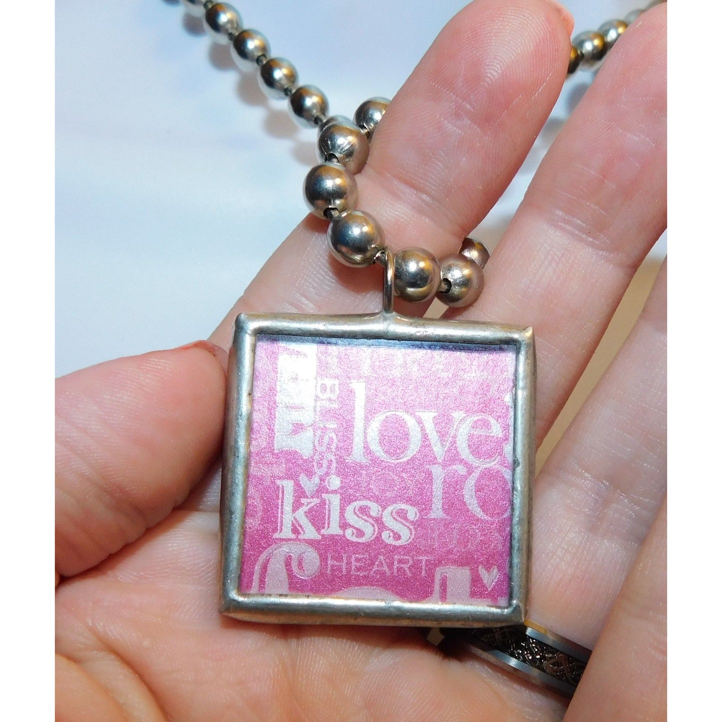 Coquette Pink And Silver Tone Glitter Kiss Heart Reversible Pendant Necklace