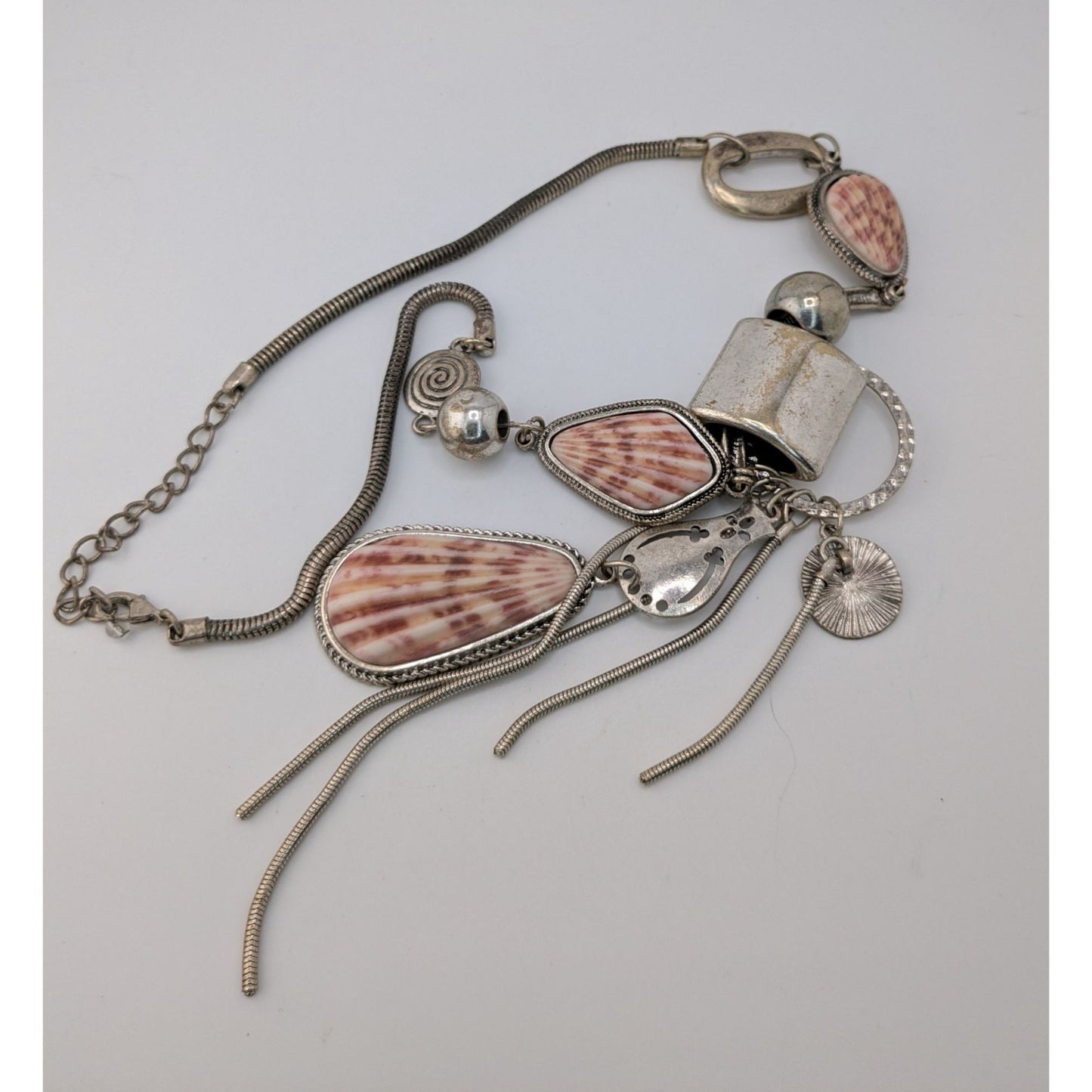 Boho Mermaidcore Brutalist Statement Faux Shell Tassel Necklace Silver Tone Coastal Art Jewelry