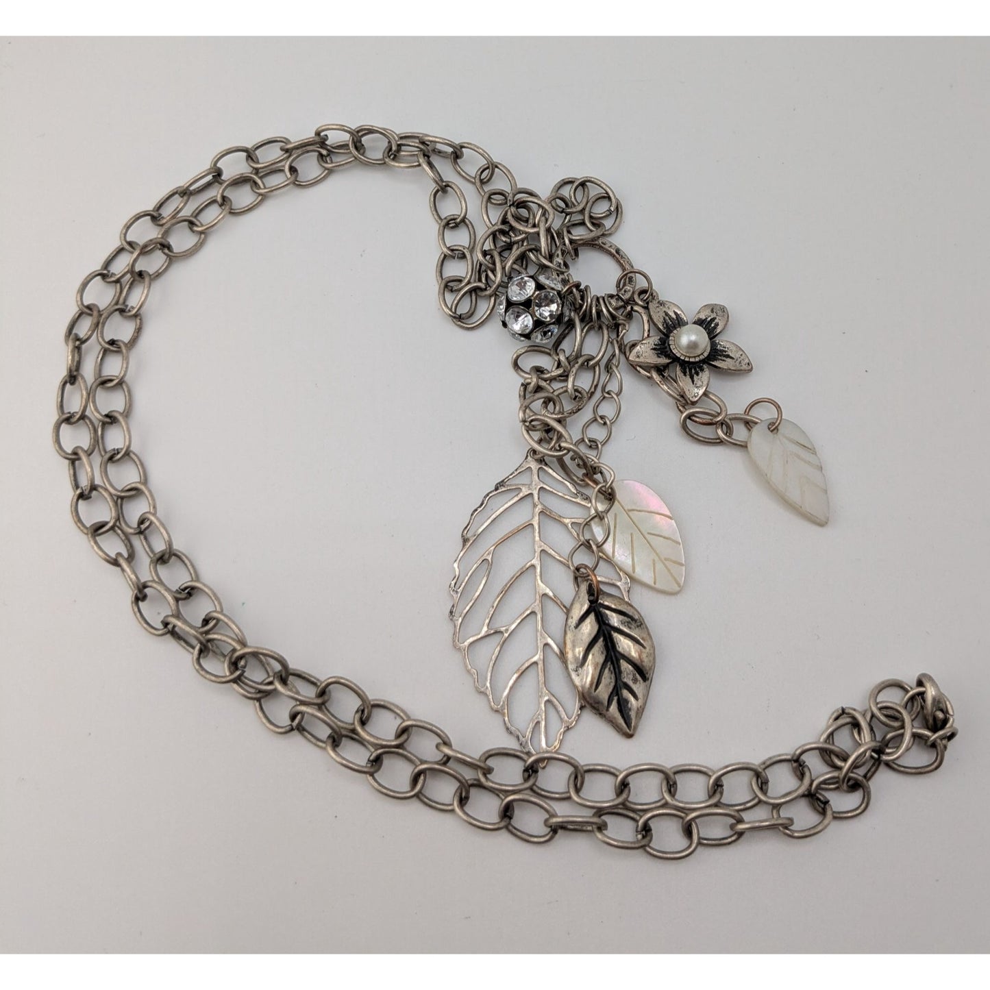 Y2K Cluster Charm Necklace Flower Leaf Shell Faux Pearl Rhinestone Silver
