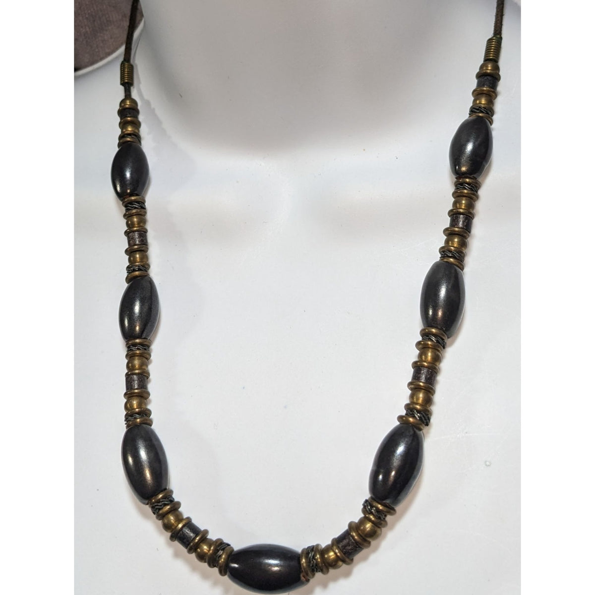 Brutalist Industrial Black Antique Brass Tone Beaded Necklace 20 Inch