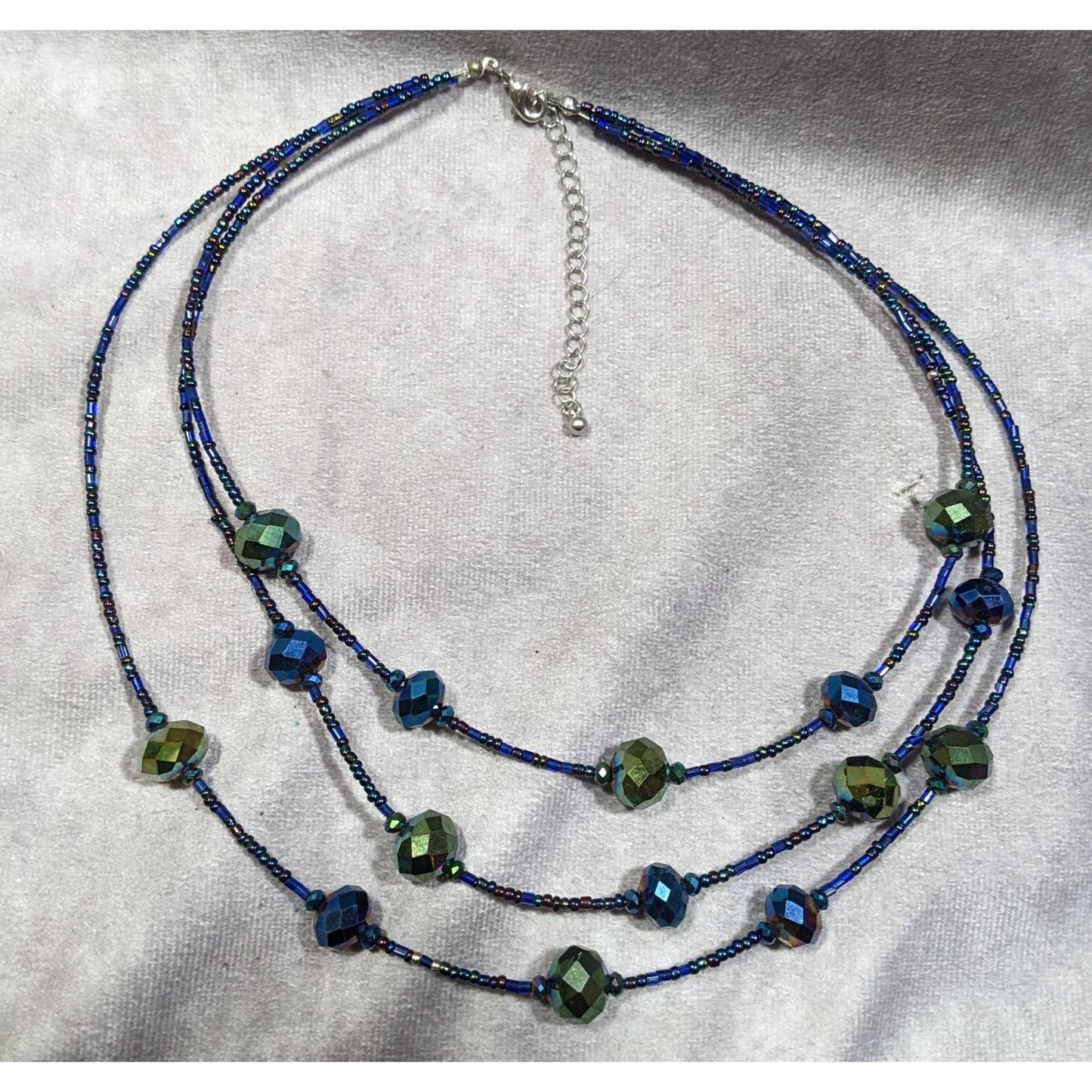 Whimsical Fantasy Blue And Green Oil Slick Glass Beaded Necklace