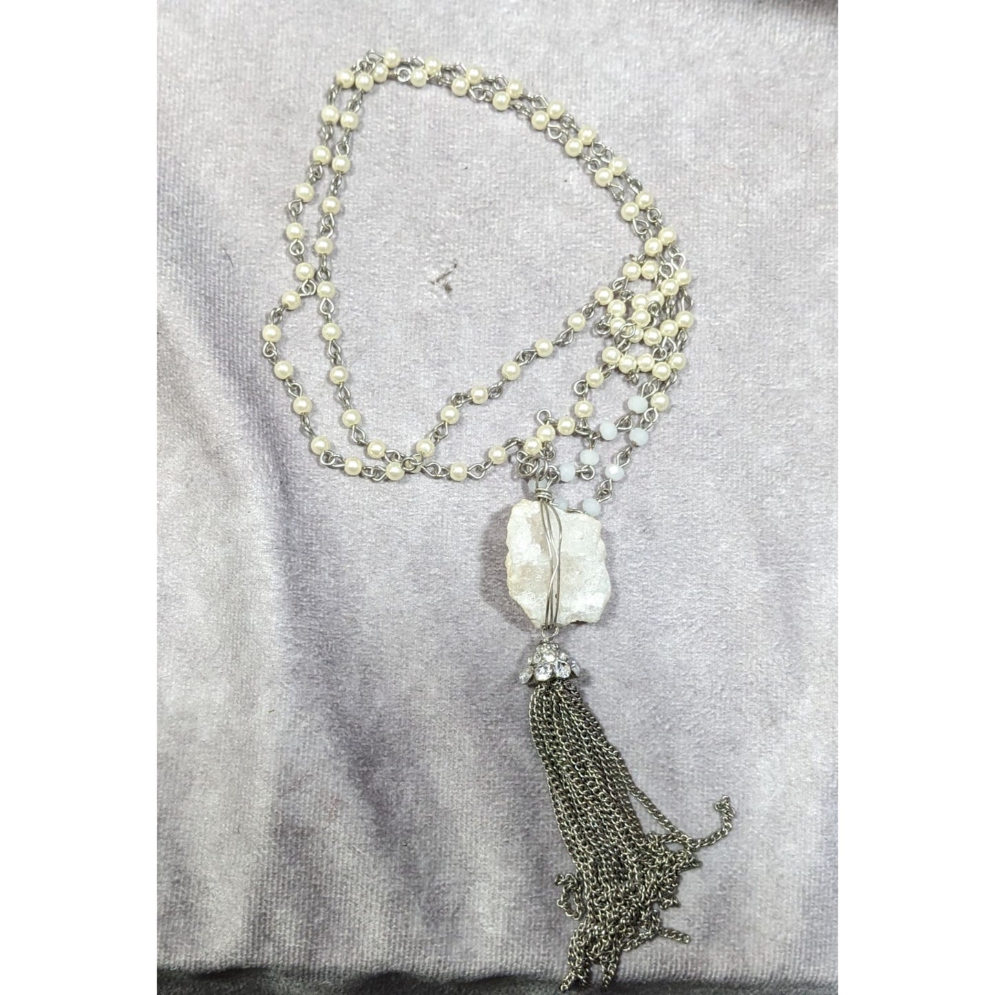 Handmade Druzy Quartz Pendant Tassel Necklace