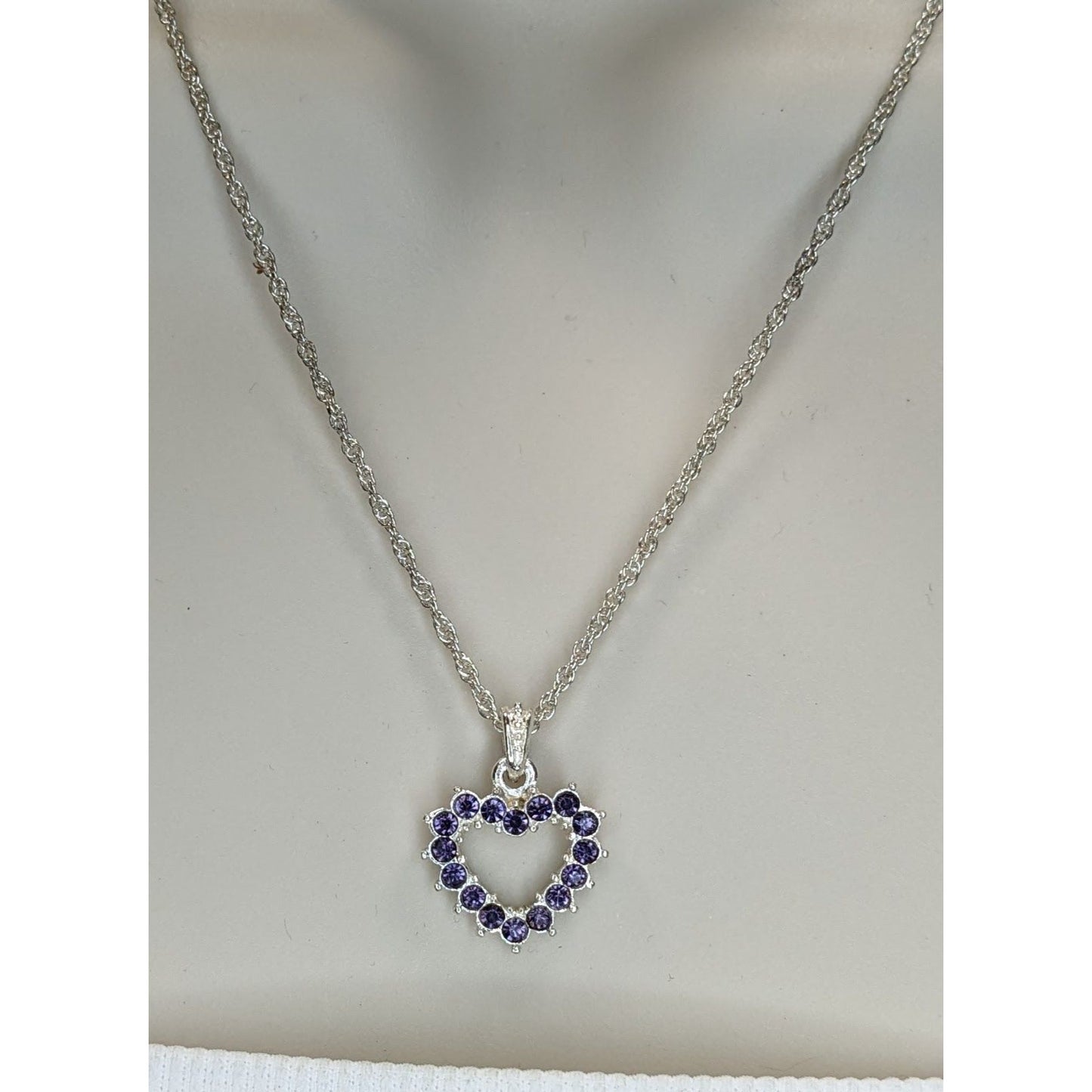 Purple Rhinestone Open Heart Necklace Silver Romantic Glam Y2K Pendant Jewelry