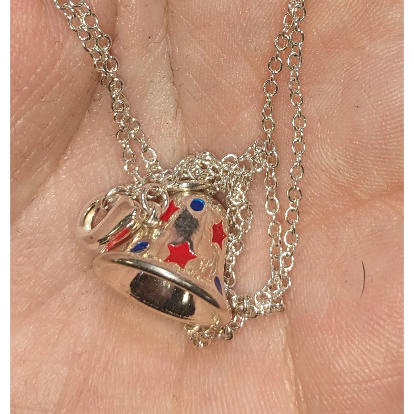 Y2K Patriotic Americana Silver Bell Charm Pendant Necklace Red White Blue