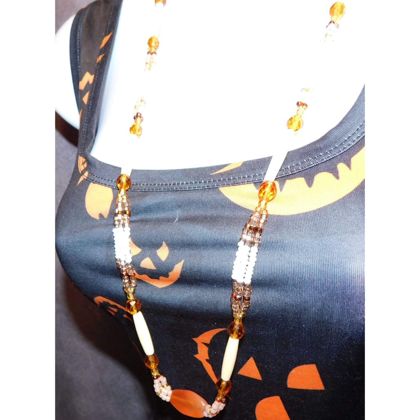 Amber Glass Beaded Necklace With Pink And White Accents