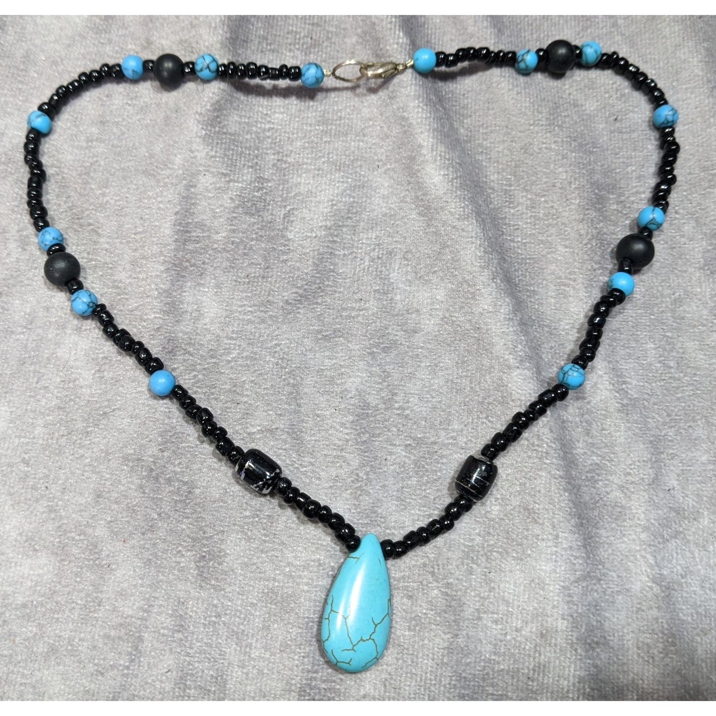 Turquoise & Black Beaded Necklace W/ Teardrop Pendant