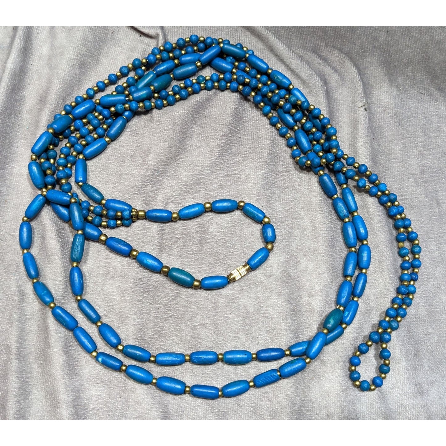Vintage Dyed Blue Wood Bead Gold Spacer Multi Strand Bohemian Necklace