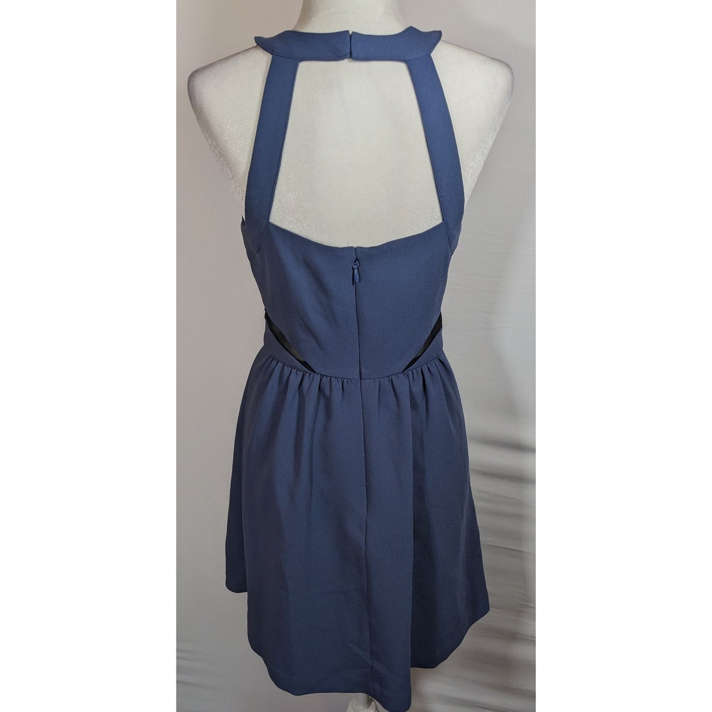 BCBGeneration Blue Open Back Dress With Black Mesh Cutouts