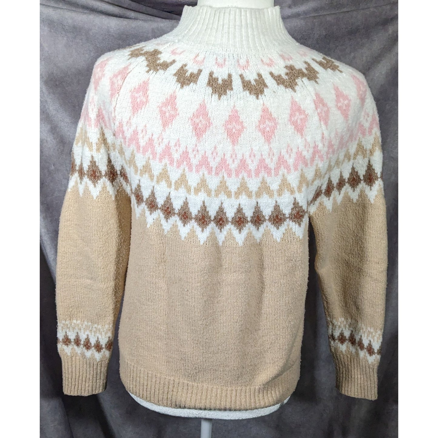 Rachel Zoe Retro White Pink And Tan Pullover Sweater Size XS