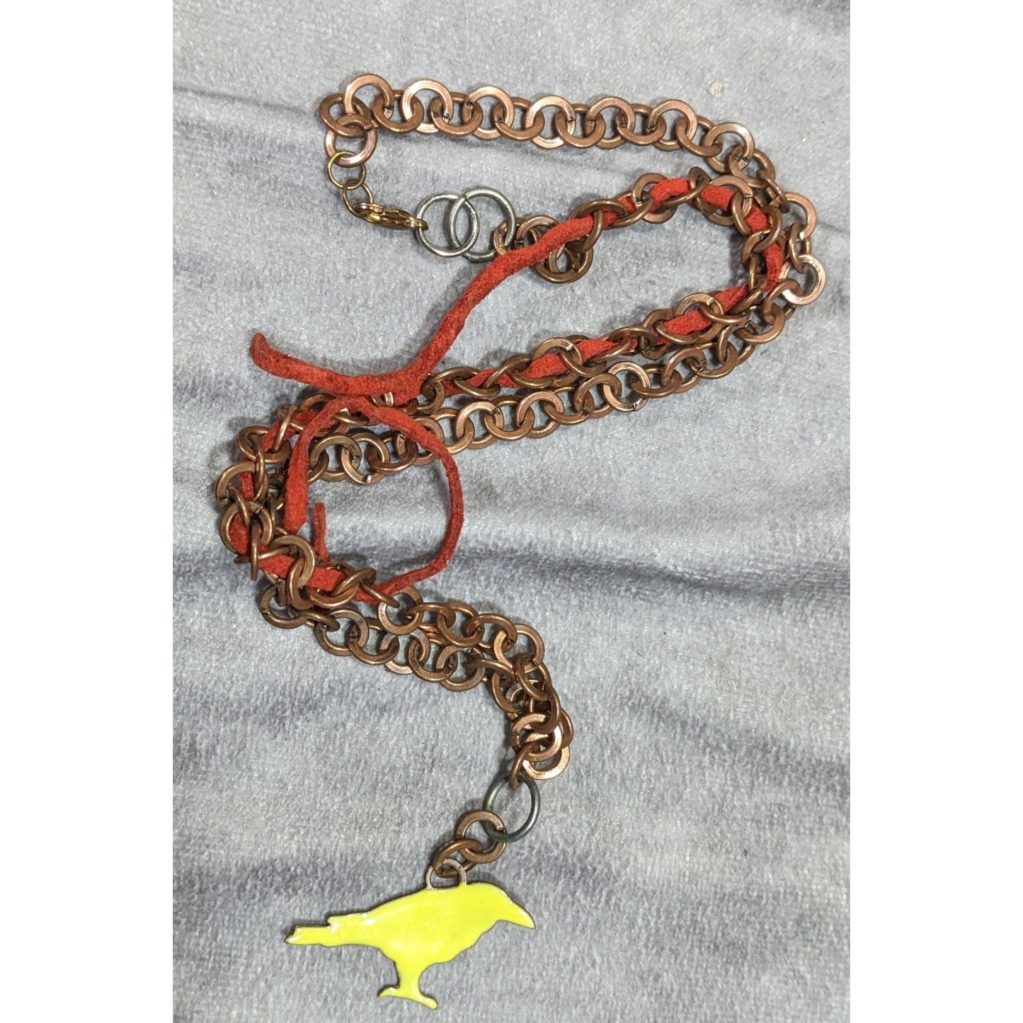 Unique Handcrafted Copper Chain Necklace With Yellow Bird Pendant & Red Suede Accent