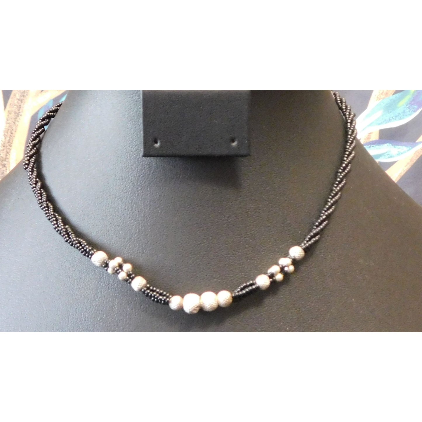 Simple Black And Silver Tone Beaded Necklace