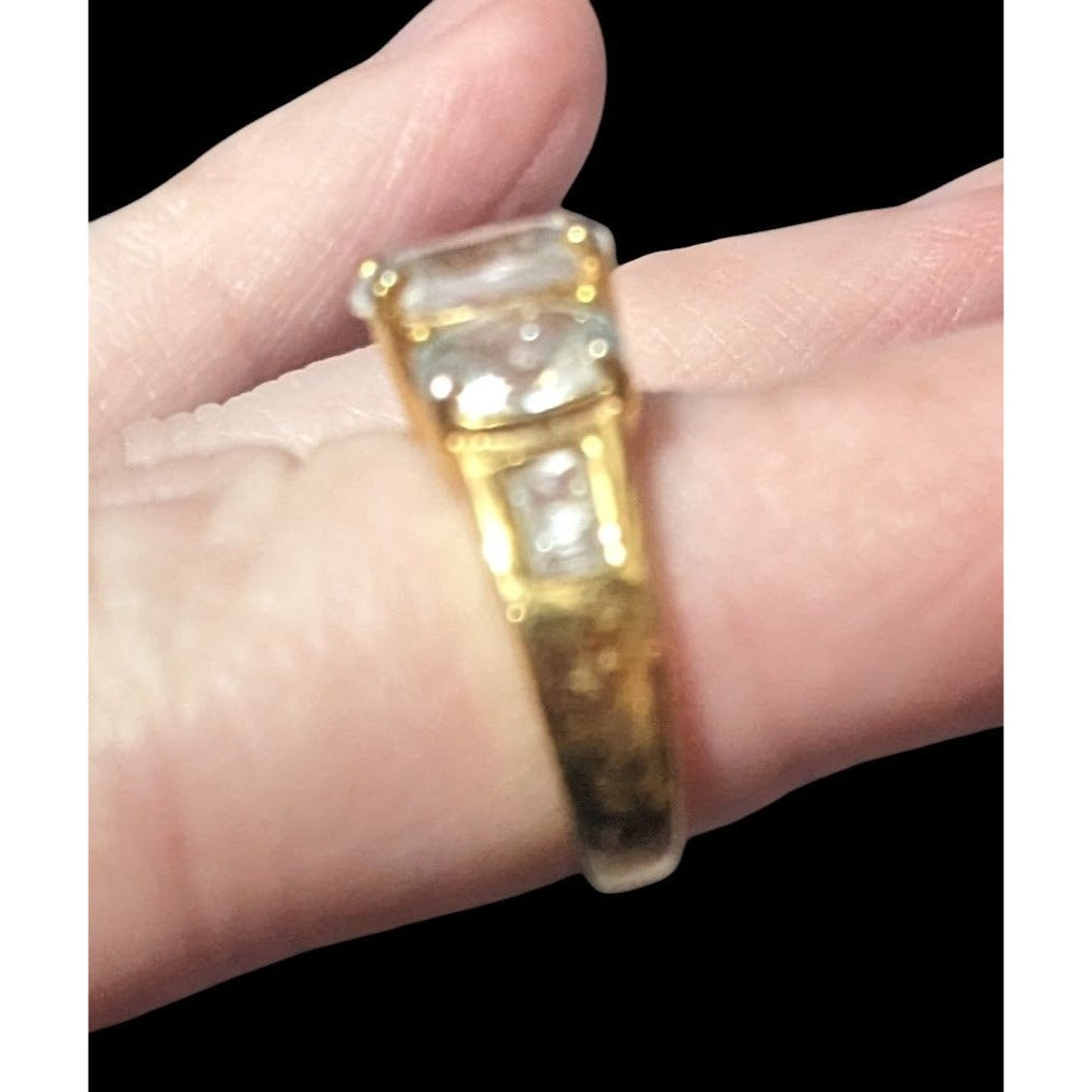 Glamorous Bright Gold Tone Large Three Stone Cubic Zirconia Wedding Ring Size 4 3/4
