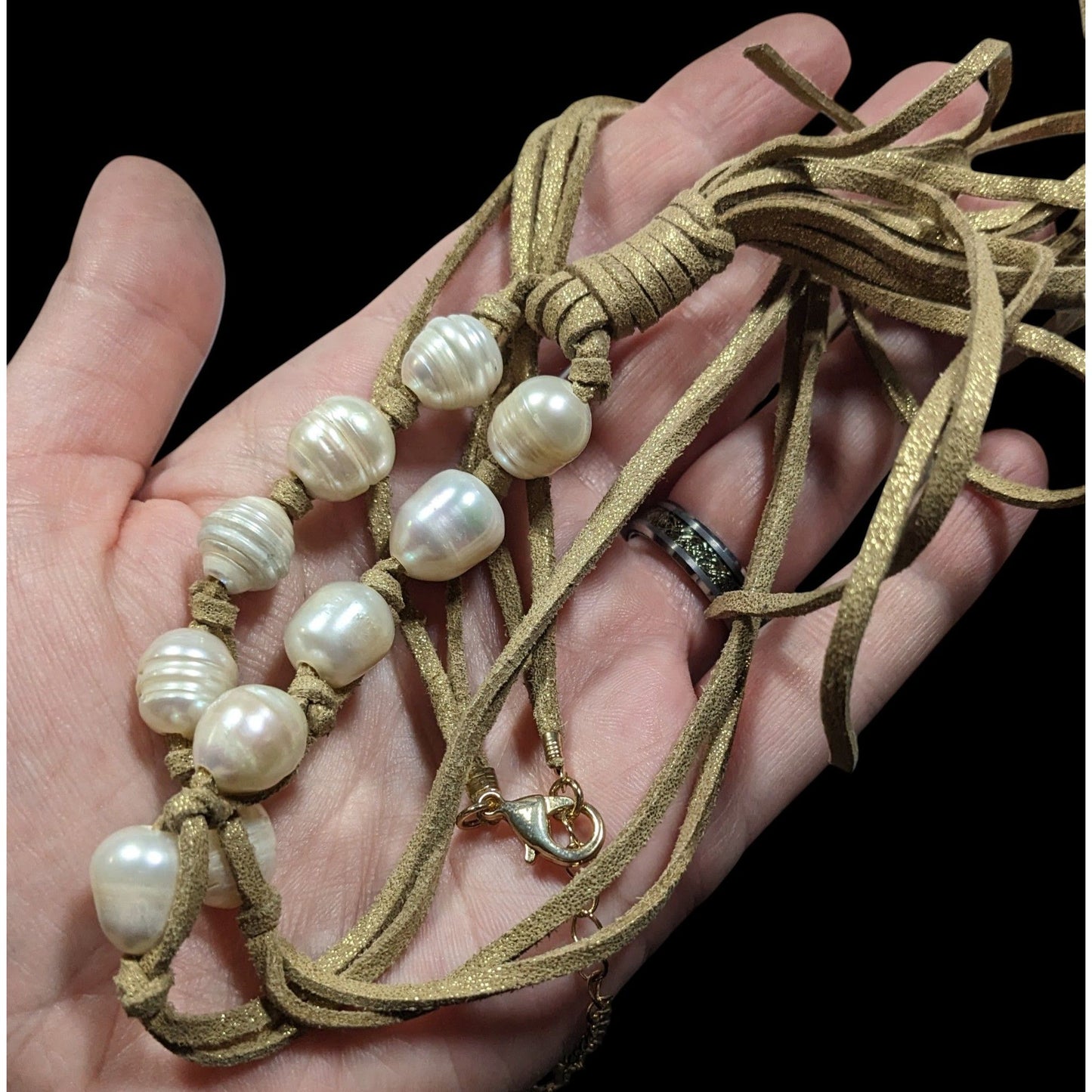 Boho Chic Faux Suede And Pearl Beaded Tassel Necklace