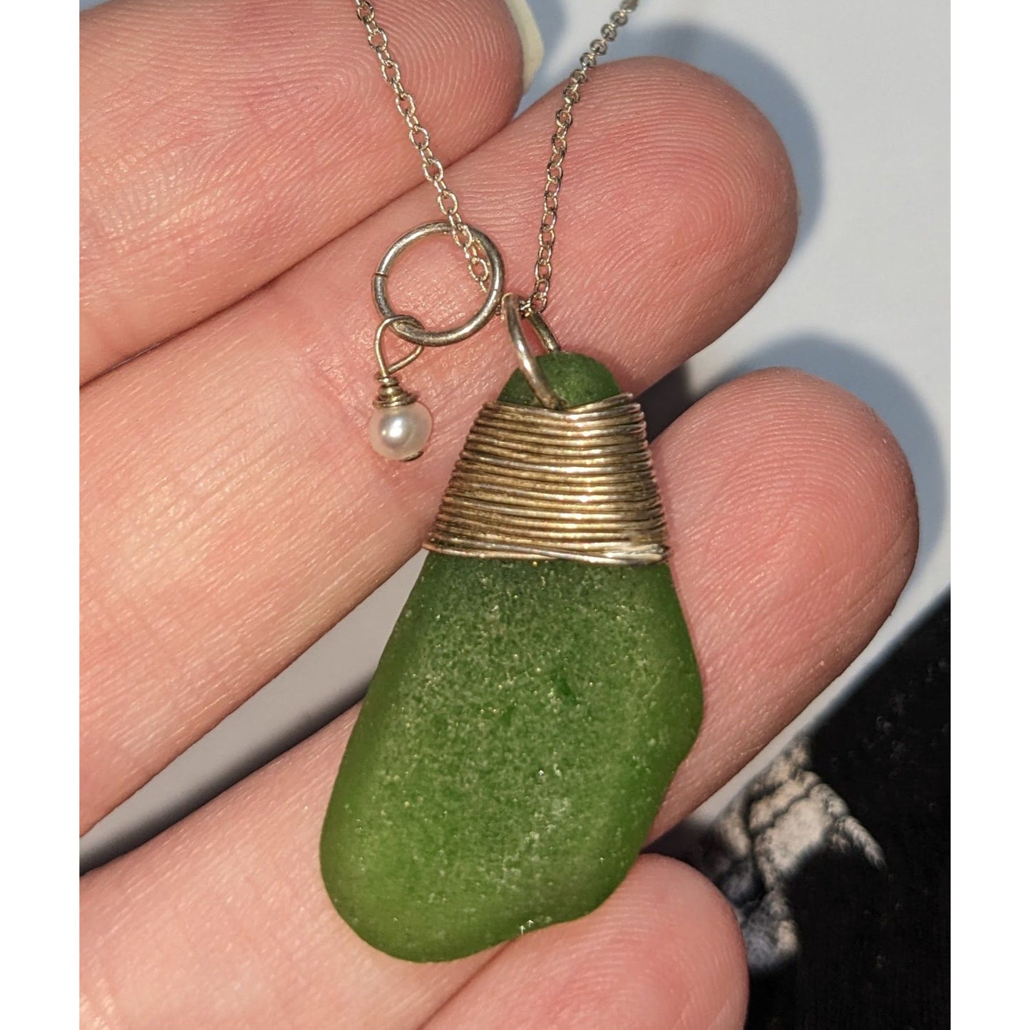 Handmade Sea Glass Pendant Necklace Green Silver Mermaidcore Nature