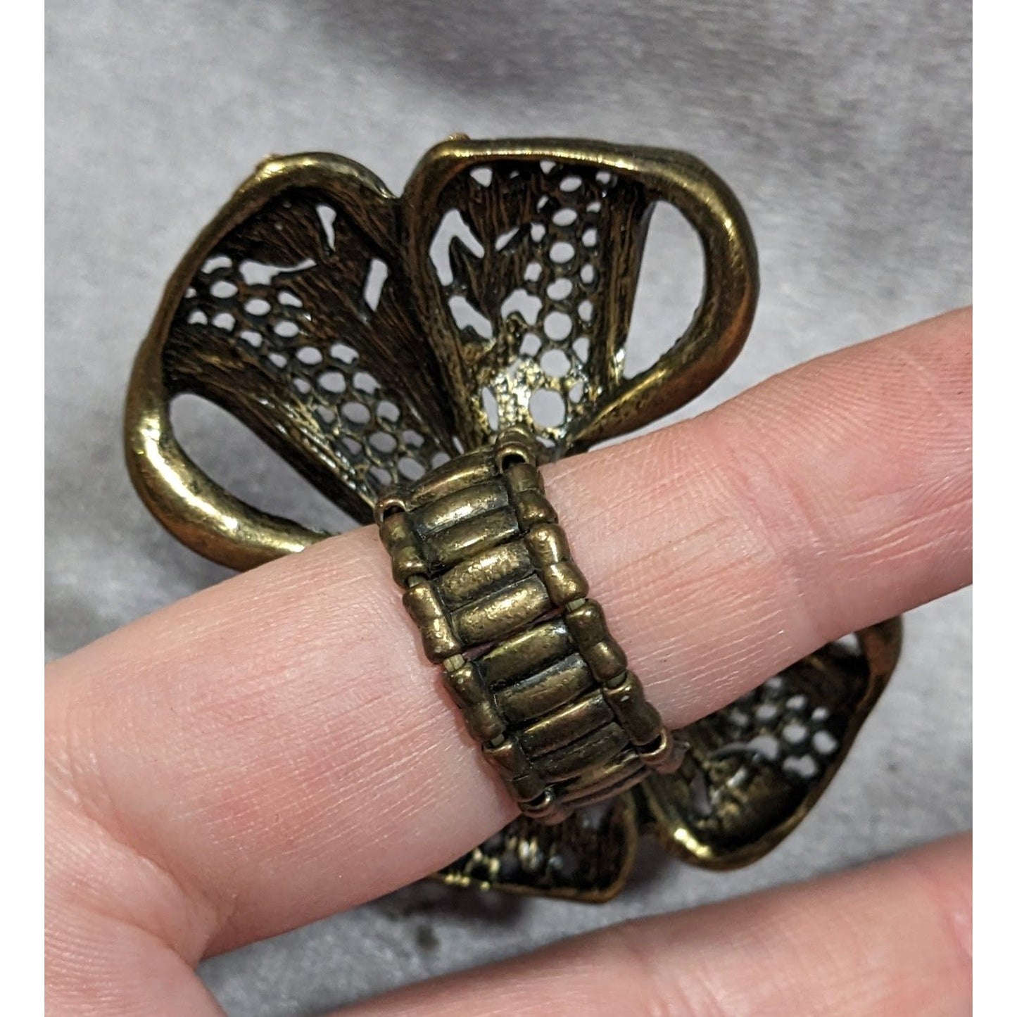 Coquette Glam Rhinestone Antiqued Gold Tone Bow Ring