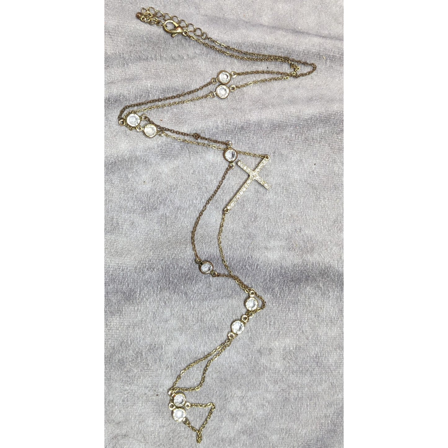 Elegant Glam Gold Tone Cross Station Necklace With Faceted Gems And Rhinestones