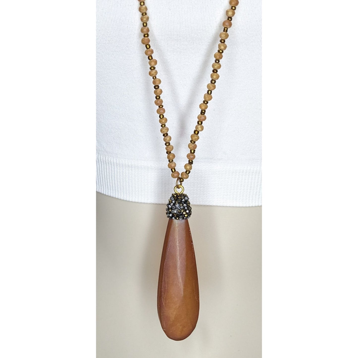 Vintage Frosted Glass Teardrop Pendant Necklace Boho Long Statement Jewelry