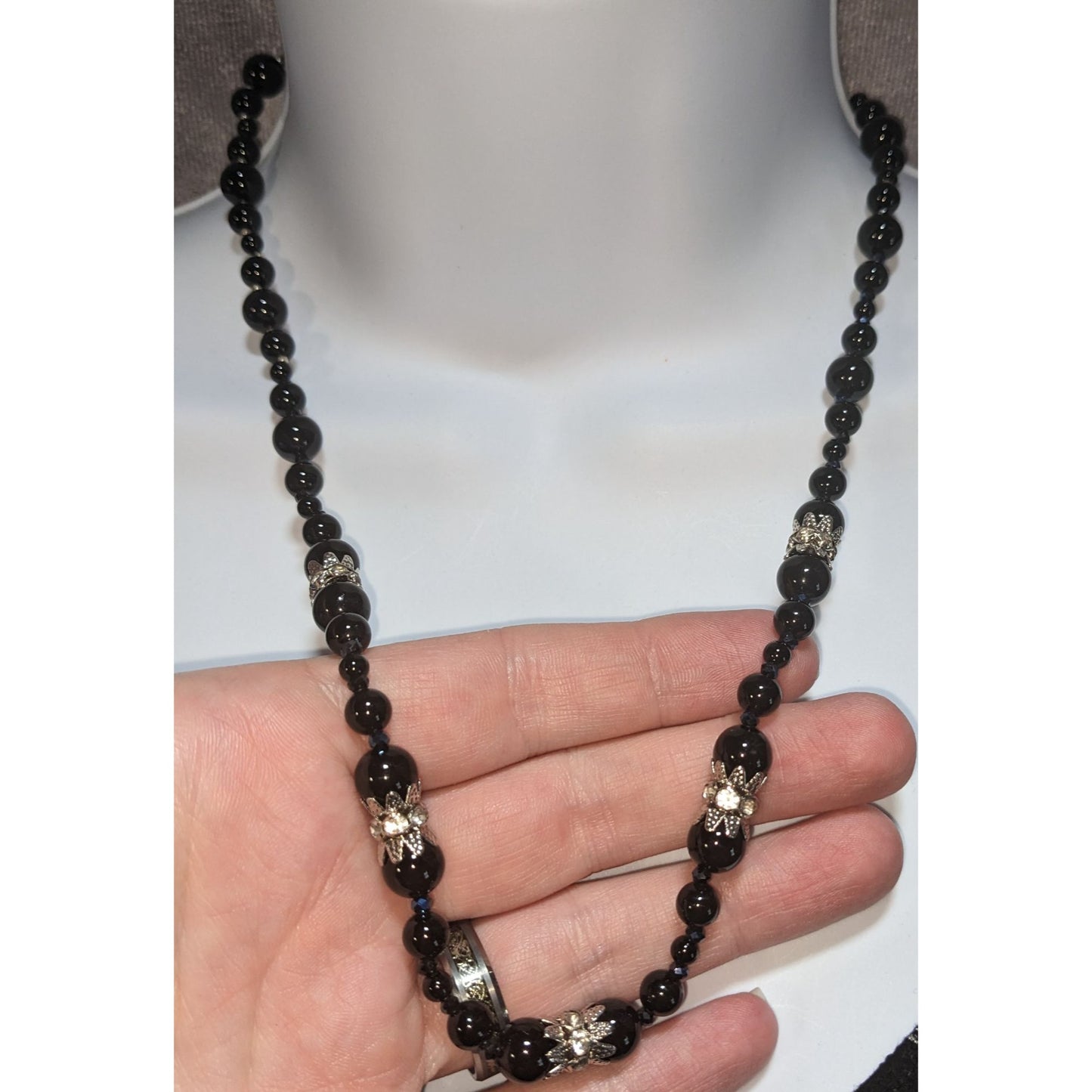 Goth Coquette Vintage Black Beaded Floral Rhinestone Statement Necklace