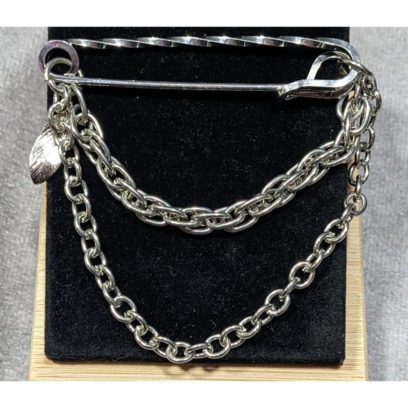 Retro Punk Safety Pin Brooch With Chains and Charm