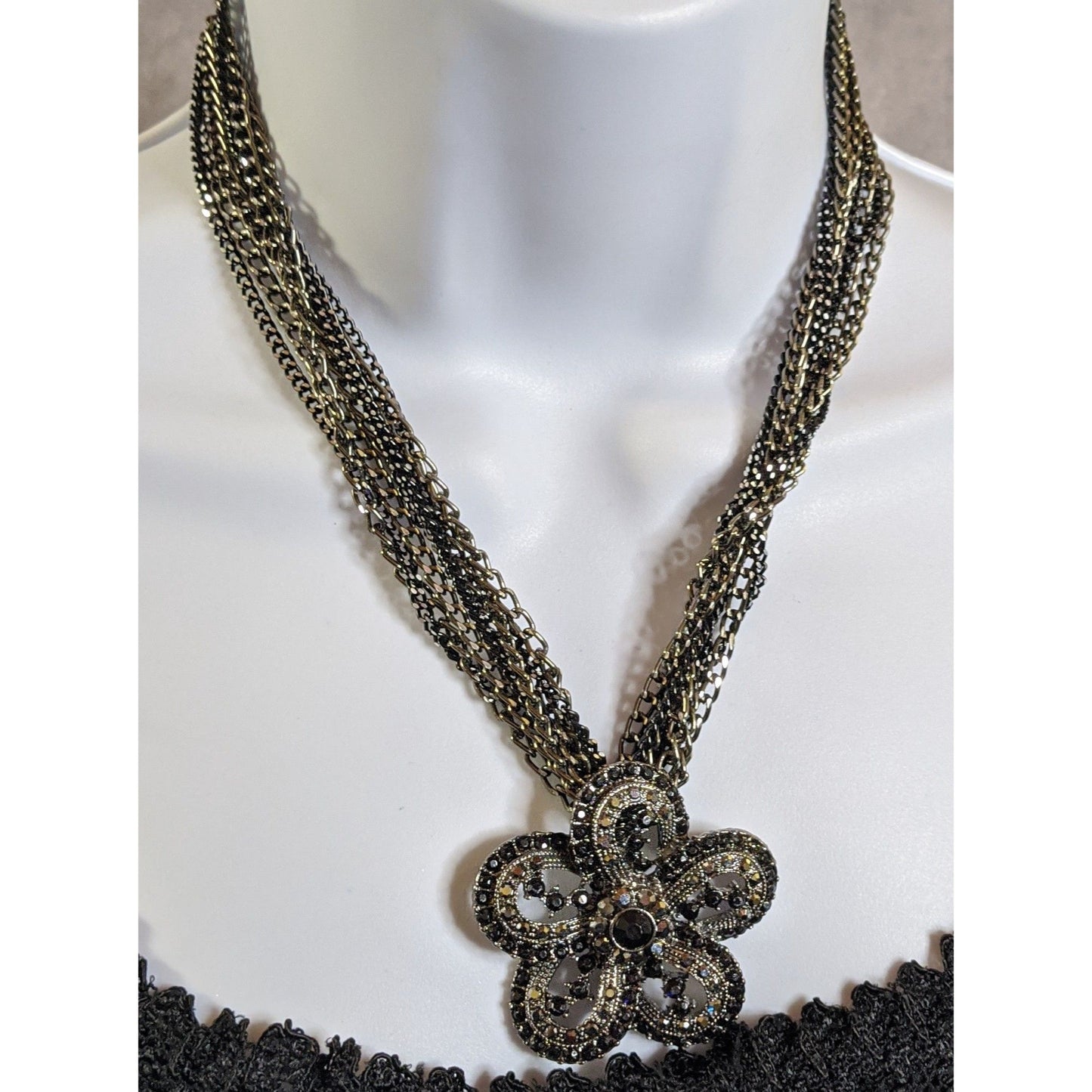 Whimsygoth Floral Black And Silver Tone Chain Necklace With Rhinestone Flower Pendant