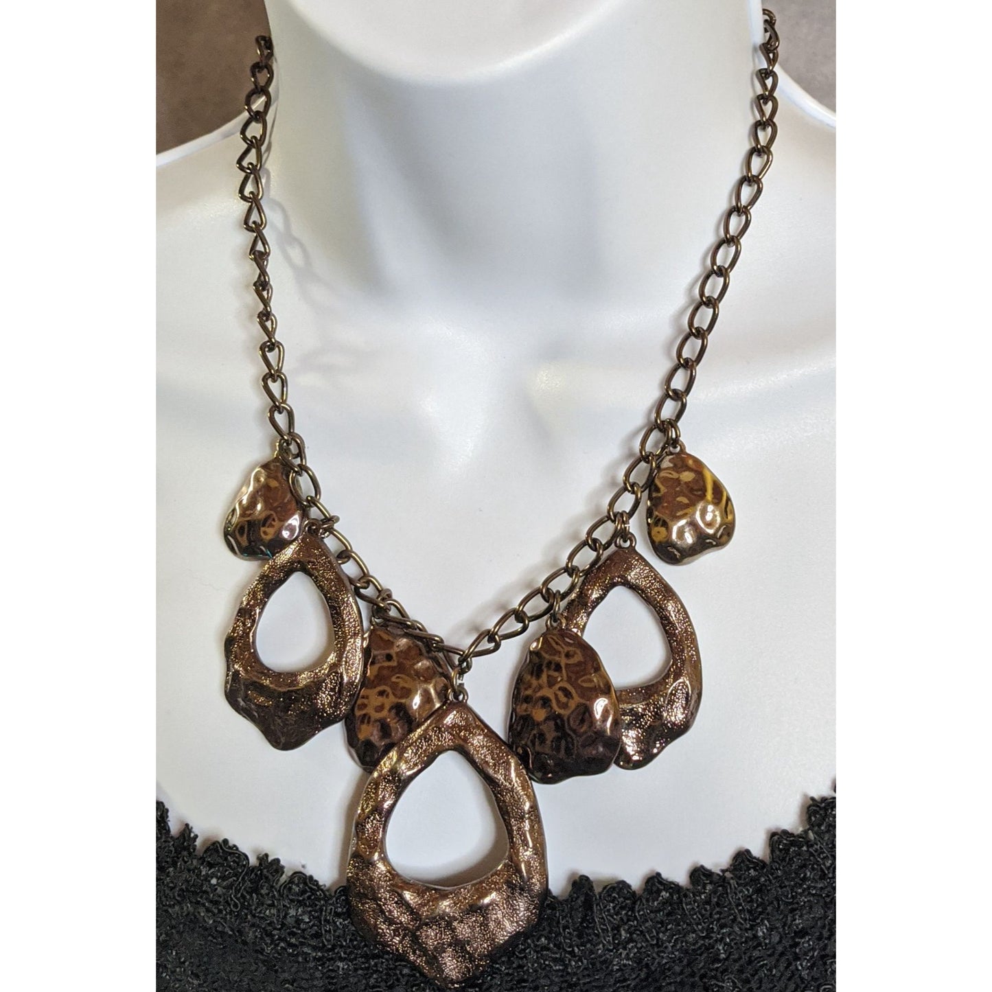 Vintage Liz Claiborne Bohemian Bronze Statement Necklace With Textured Open Pendants