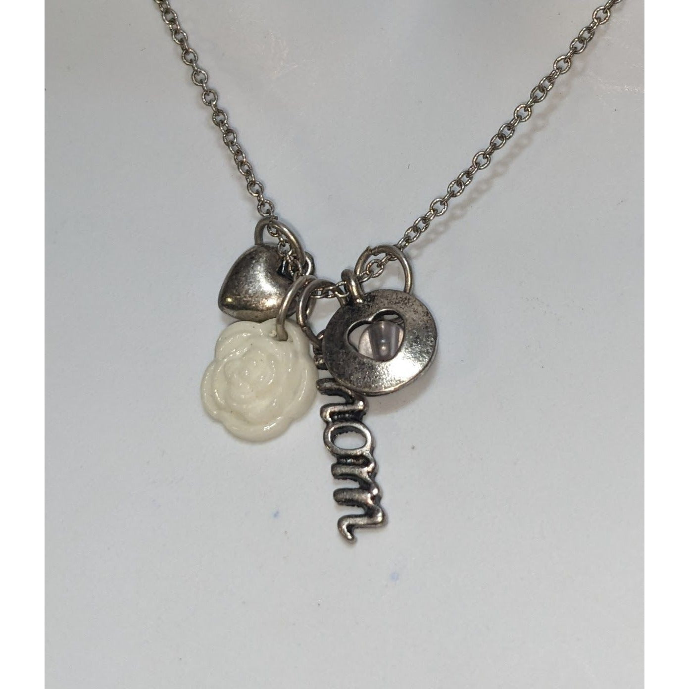 Mom Charm Necklace Silver Rose Heart Pendant Layered Family Gift Jewelry