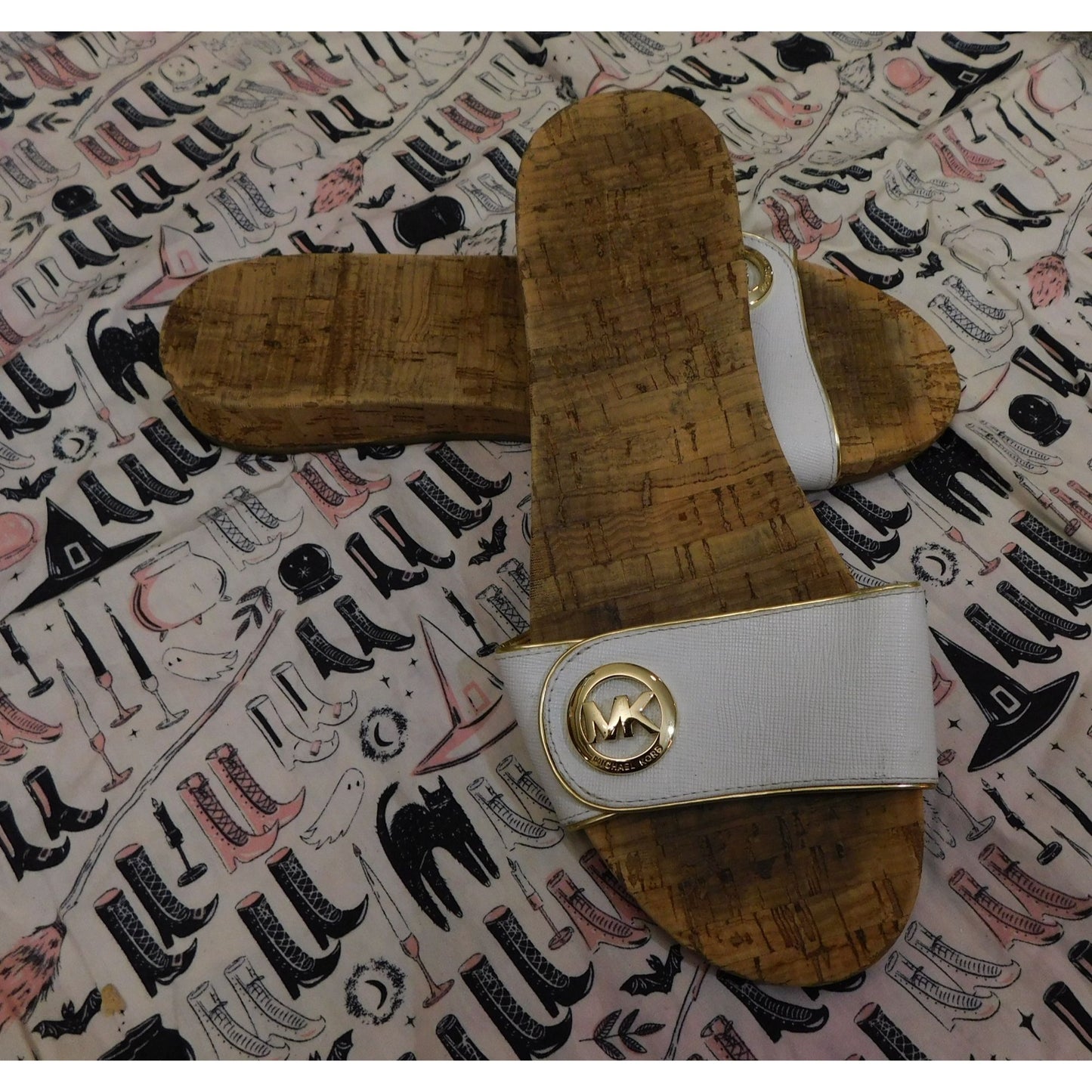 Michael Kors White Cork Slide Sandals With Gold Tone Accents