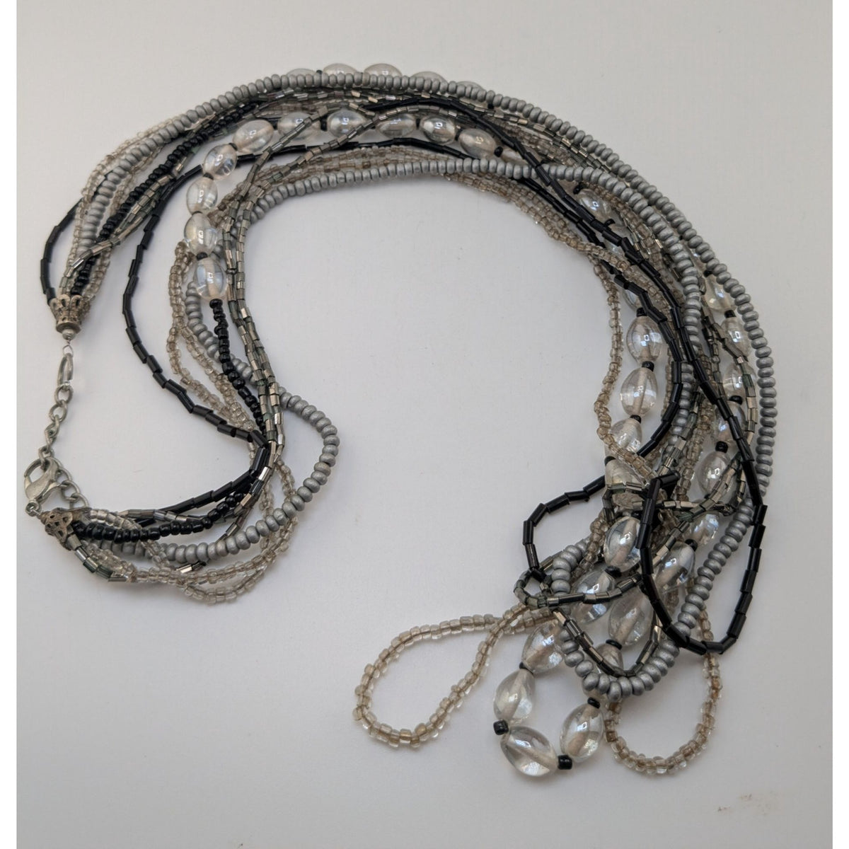 Boho Minimalist Glass Wood Bead Multistrand Necklace Black Silver Clear 26 Inch