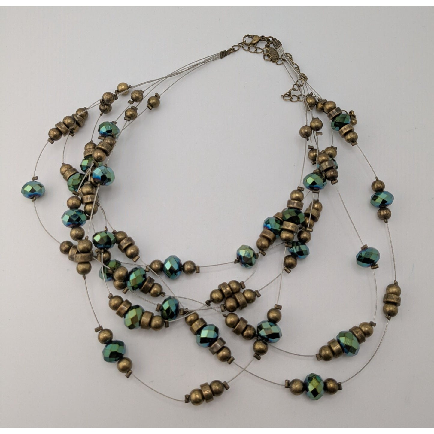 Vintage Cookie Lee Layered Floating Beaded Necklace Green Glass Gold Tone Glam